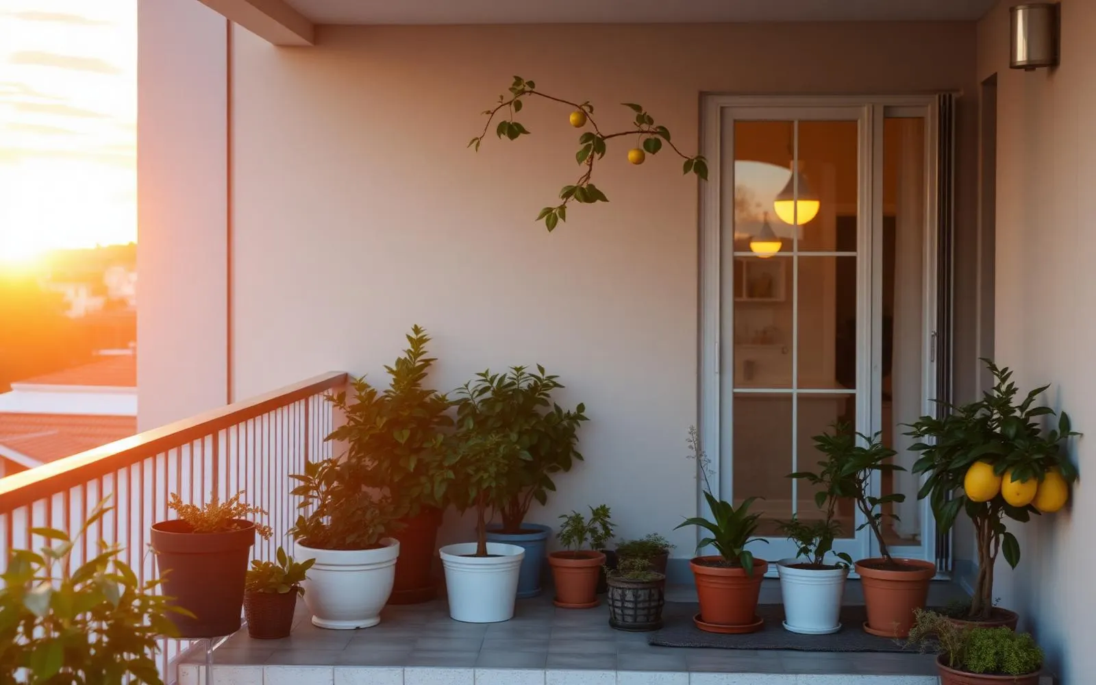Varanda ao pôr do sol com vasos e frutas