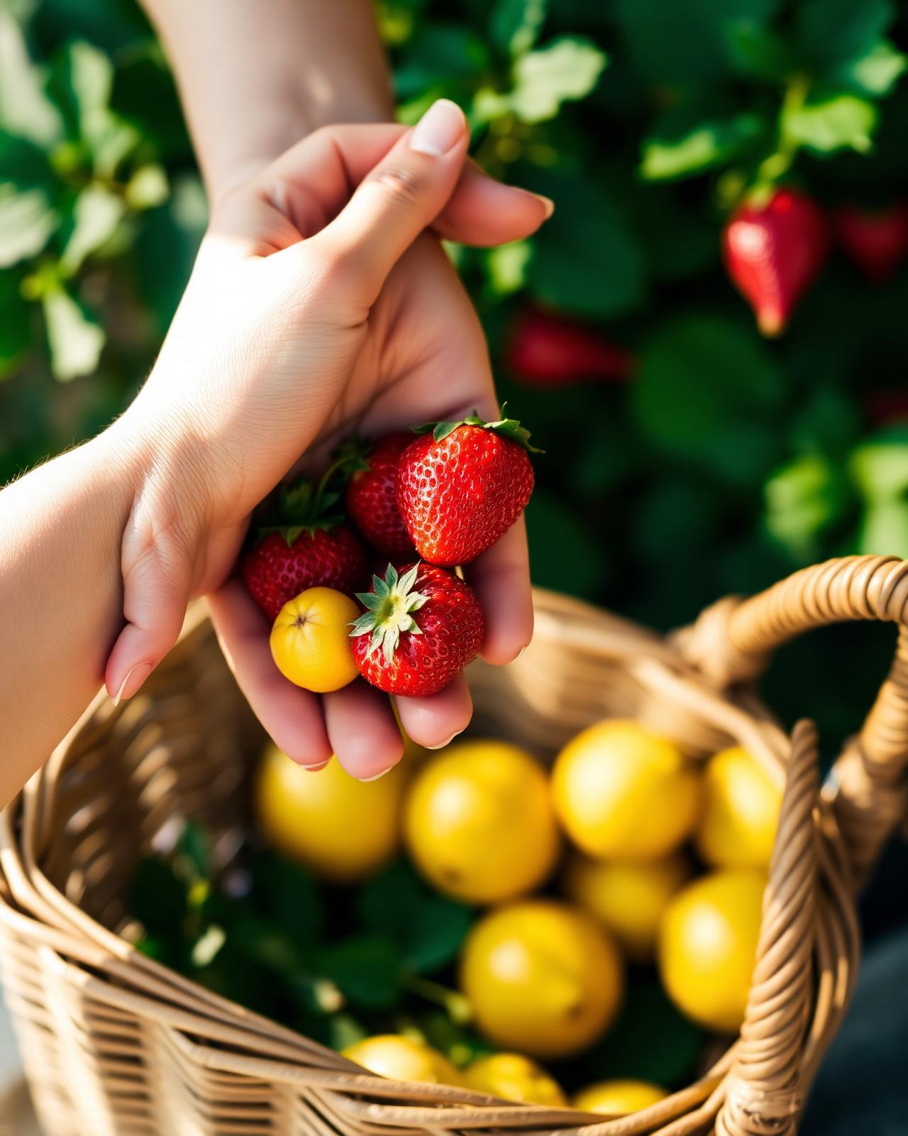 Mãos colhendo frutas frescas do próprio vaso